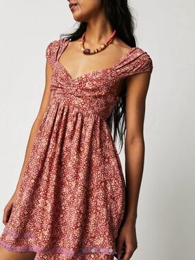 Free People Pink Floral Mini Dress with Puff Cap Sleeves
